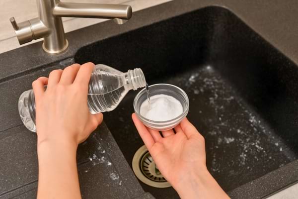 Du vinaigre est versé dans un bol contenant du bicarbonate au-dessus de l’évier.