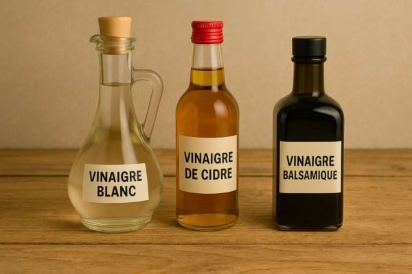 Trois bouteilles étiquetées vinaigre blanc, de cidre et balsamique.