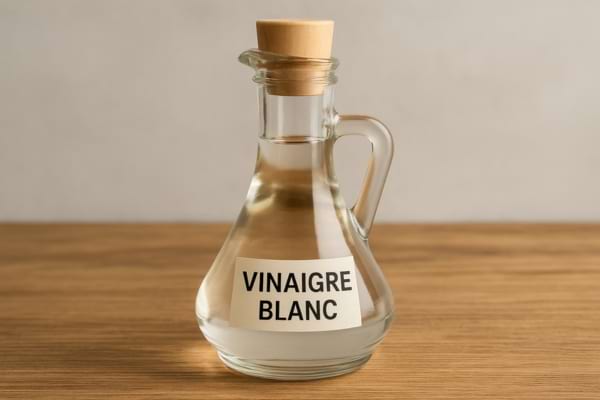 Carafe de vinaigre blanc clair posée sur une table.