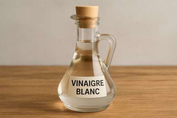 Bouteille en verre étiquetée vinaigre blanc.