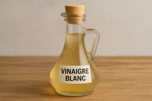 Carafe de vinaigre blanc trouble posée sur une table.