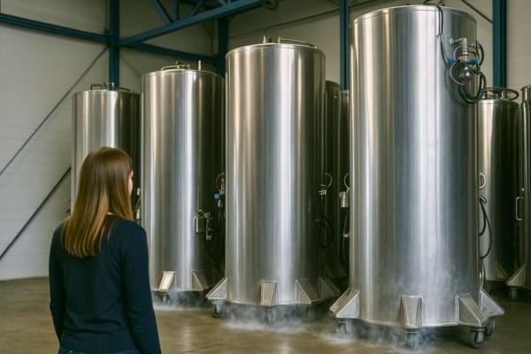 Une femme regarde de grands réservoirs métalliques de cryogénie avec de la fumée s’échappant à leur base.