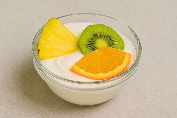 Yaourt blanc garni de kiwi, orange et ananas en morceaux.