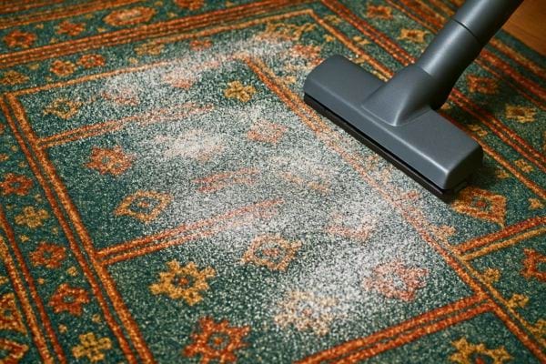 Un aspirateur passe sur du sel répandu sur un tapis coloré.