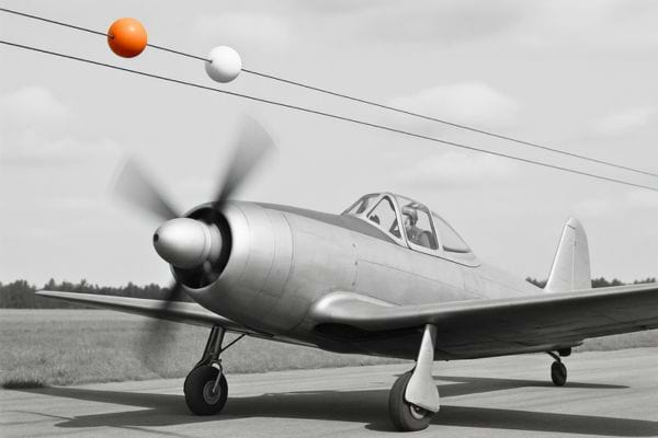 Un avion roule sur la piste sous des boules colorées fixées à un câble aérien.