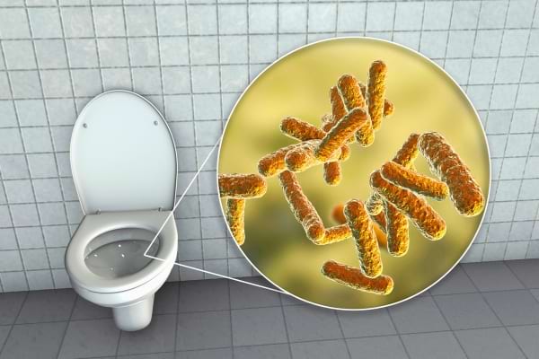 Gros plan de bactéries illustrées avec vue sur des toilettes en arrière-plan.