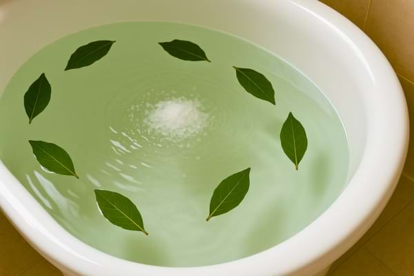 Une baignoire remplie d’eau verte claire avec du sel et des feuilles de laurier.