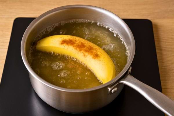 Banane bouillie avec cannelle dans une casserole d’eau chaude.