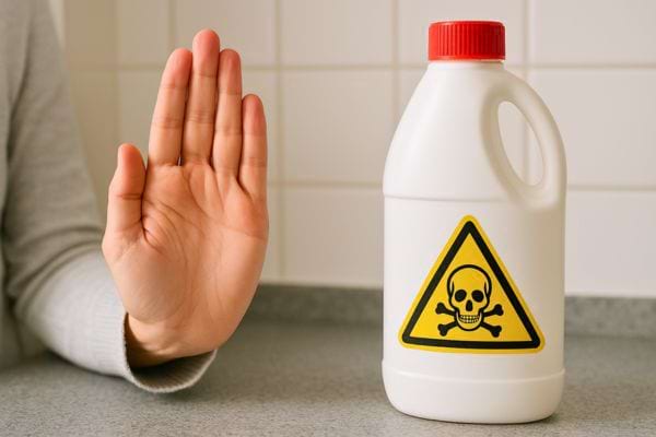 Main levée devant un bidon blanc avec étiquette toxique.
