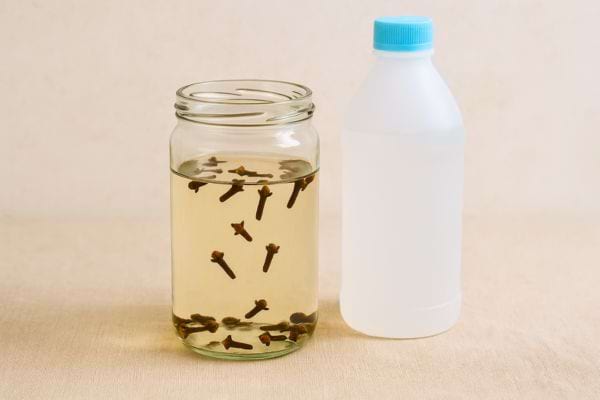 Bocal de vinaigre aux clous de girofle avec bouteille plastique transparente.