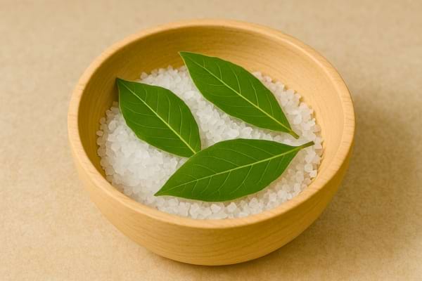Un bol en bois rempli de gros sel décoré de trois feuilles vertes de laurier.