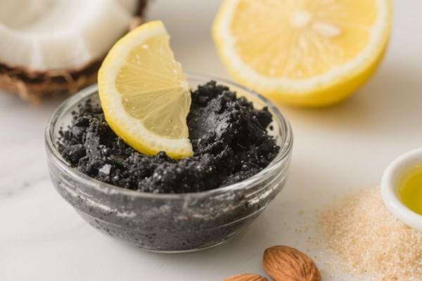 Un petit bol rempli de charbon noir et décoré d’un quartier de citron.