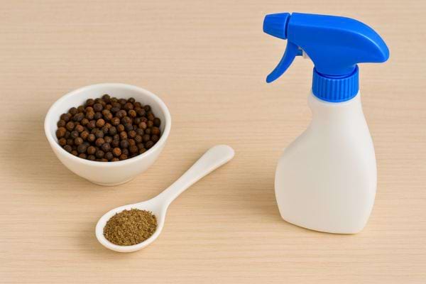 Bol de grains de poivre, cuillère de poivre moulu et spray posés sur une table.