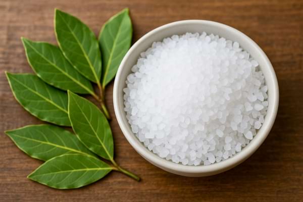 Un petit bol blanc plein de gros sel avec des feuilles de laurier fraîches à côté.
