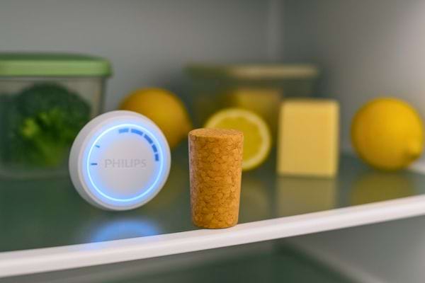 Un bouchon de liège est placé dans le frigo près d’un citron et du fromage.