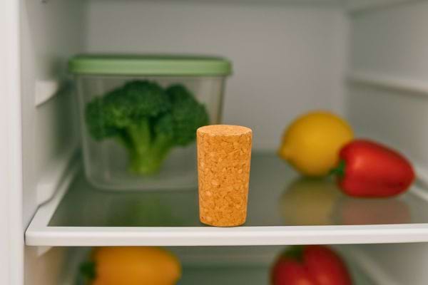 Un bouchon de liège est posé dans le frigo avec des légumes frais.