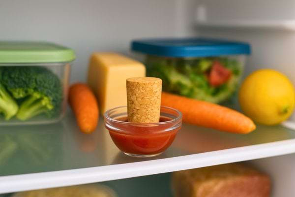 Un bouchon de liège est posé dans un petit bol de sauce au frigo.