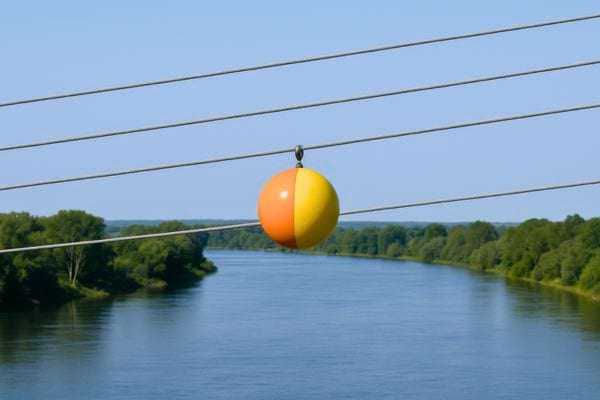 Une boule orange et jaune est suspendue à un câble au-dessus d’une large rivière.