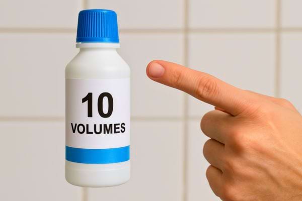 Bouteille d’eau oxygénée 10 volumes posée avec un doigt qui la montre.