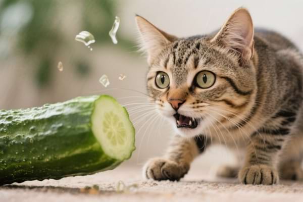 Un chat effrayé ouvre la bouche devant un concombre posé au sol.