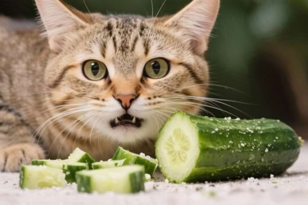 Un chat surpris regarde un concombre coupé en morceaux devant lui.