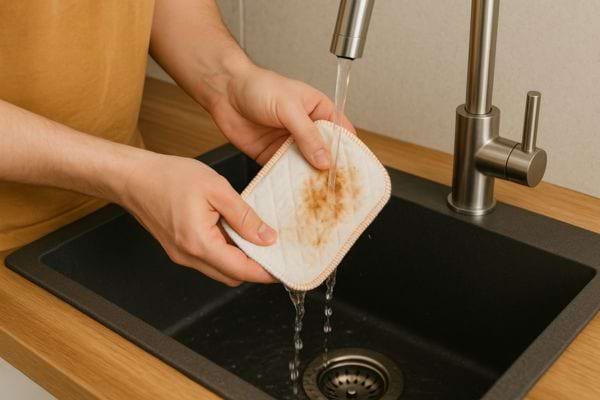 Un chiffon réutilisable est rincé sous l’eau après usage.