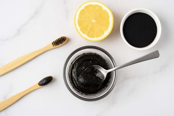 Un citron coupé en deux et du charbon actif mélangés dans une coupelle