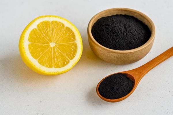 Un demi-citron posé à côté d’un bol et d’une cuillère remplis de charbon en poudre.