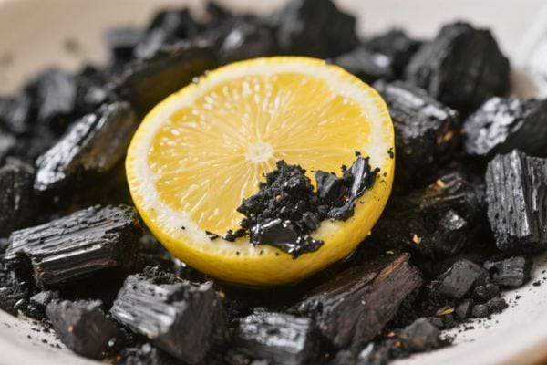 Un demi-citron posé sur des morceaux de charbon noir.