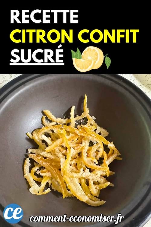 Des écorces de citron confites recouvertes de sucre dans un bol noir.