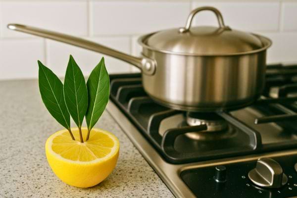 Un demi-citron frais avec feuilles de laurier posé près d’une casserole sur une cuisinière.