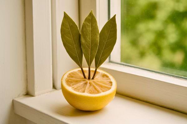 Un demi-citron séché avec feuilles de laurier posé sur un rebord de fenêtre.