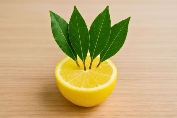 Un demi-citron vif avec feuilles de laurier bien vertes posé sur une table en bois.