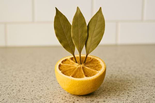 Un demi-citron séché avec feuilles de laurier placé sur un plan de travail clair.