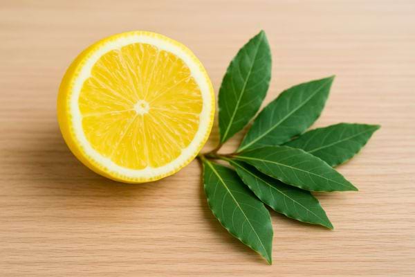 Un demi-citron jaune et des feuilles de laurier étalées sur une surface en bois clair.