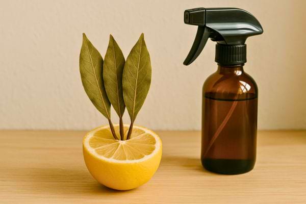 Un demi-citron piqué de feuilles de laurier posé à côté d’un vaporisateur brun.