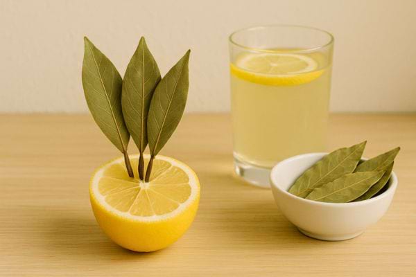 Un demi-citron avec feuilles de laurier, un verre d’eau citronnée et un bol de feuilles.