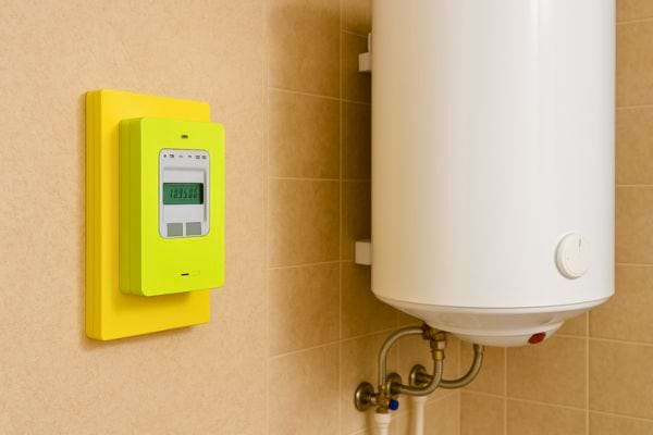 Un compteur électrique vert affiche la consommation d’énergie à côté d’un chauffe-eau blanc accroché au mur.