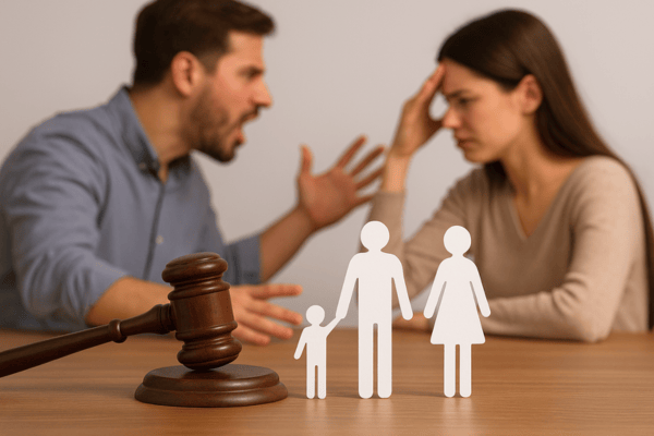 Un couple en conflit discute vivement devant des figurines de famille et un maillet.