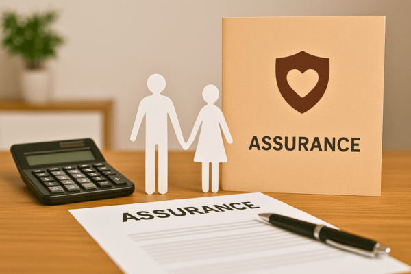 Un contrat d’assurance est accompagné de figurines représentant un couple et d’une calculatrice.