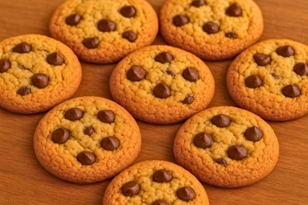Des cookies dorés garnis de pépites de chocolat alignés sur une surface en bois.