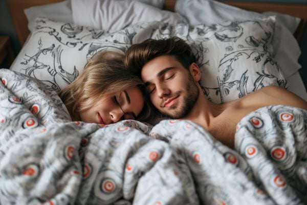 Un couple dort paisiblement ensemble sous une couette à motifs.
