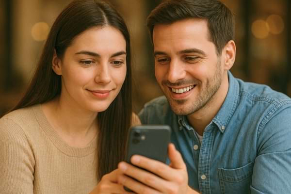 Le couple regarde un téléphone en souriant ensemble.