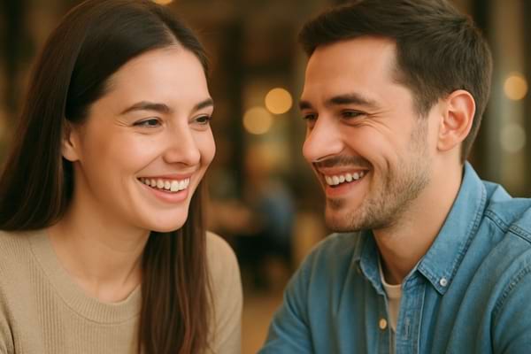 Les deux rient ensemble avec complicité.