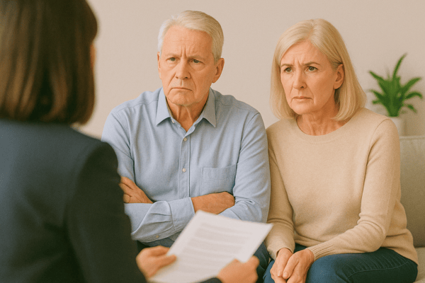 Un couple de seniors écoute avec inquiétude une personne leur parlant d’un document.