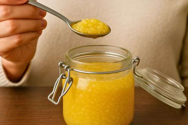 Une cuillère prélève un peu de préparation jaune dans un pot.