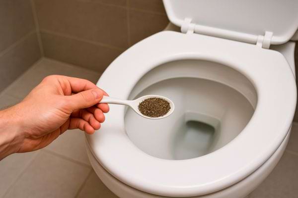 Main versant une cuillère de poivre moulu dans une cuvette de toilettes ouverte.