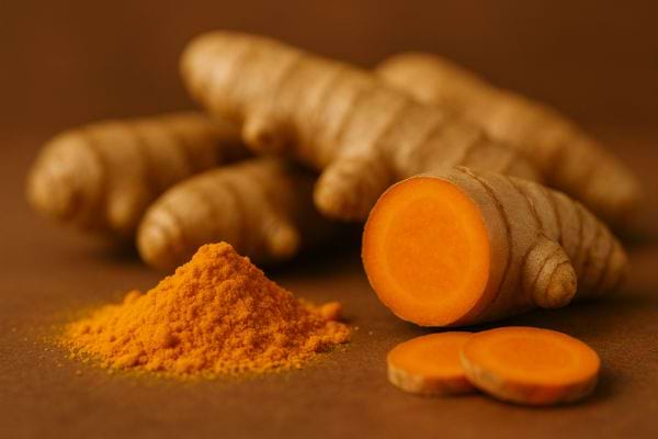 Curcuma en poudre et racine.