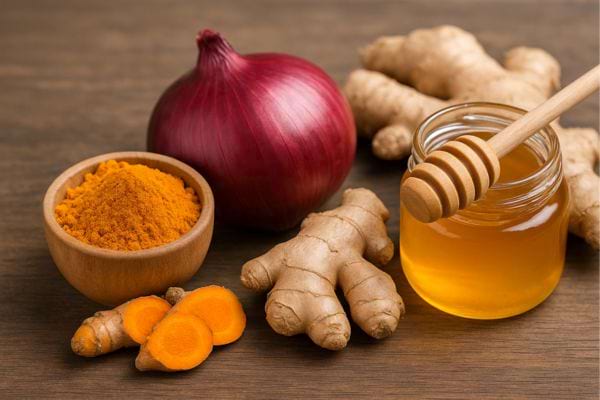 Mélange naturel curcuma, oignon, gingembre et miel.