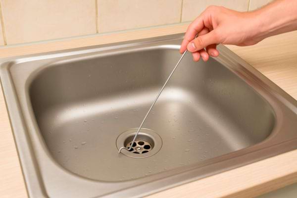 Une main utilise une tige métallique pour déboucher l’évier par la bonde.